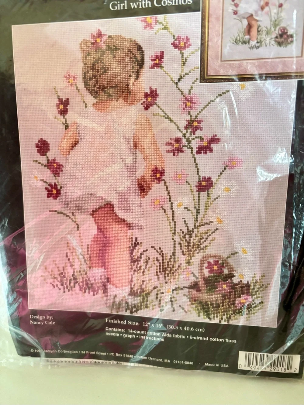 Janlynn Cross-Stitch Art - Girl with Cosmos *Vintage*